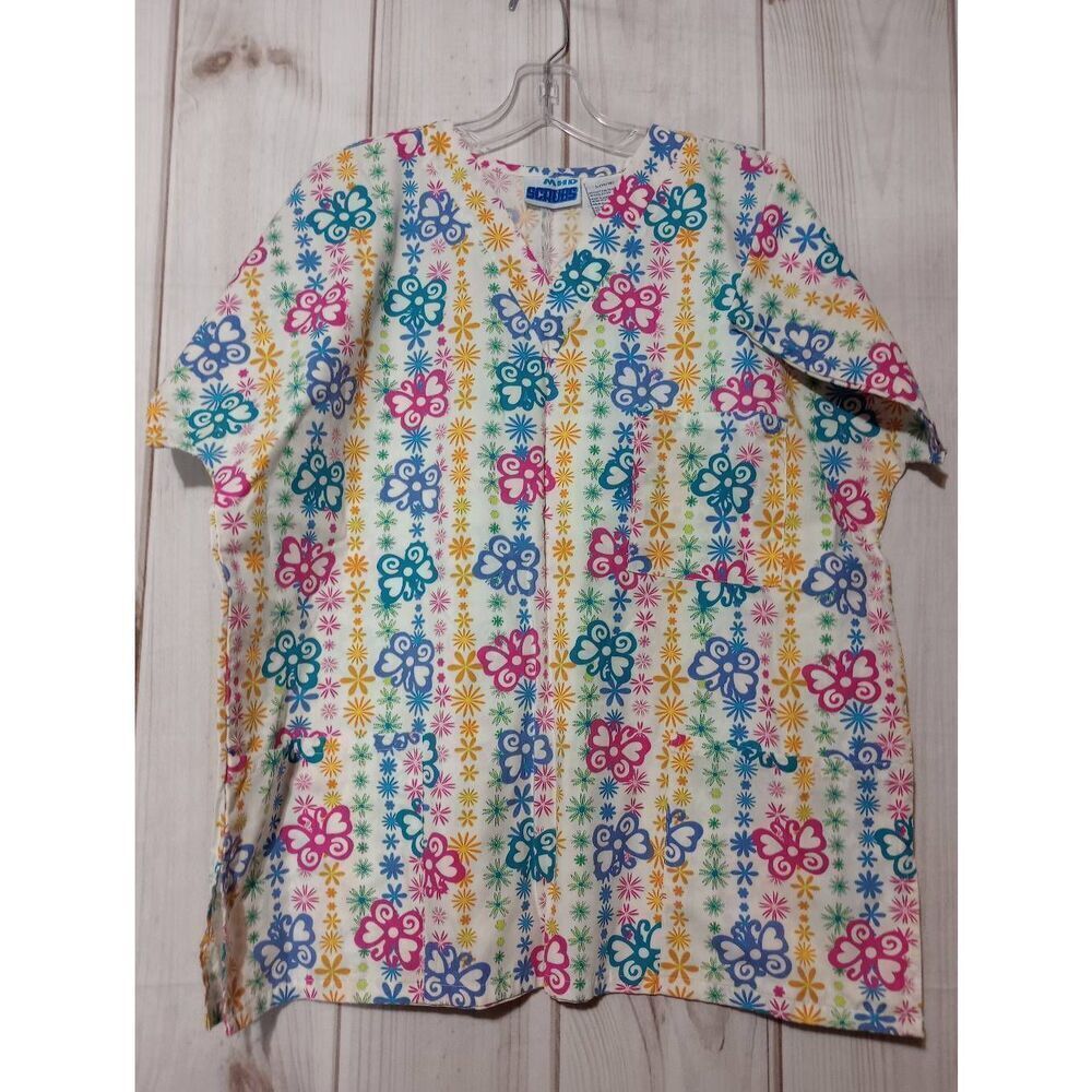 MHD Scrubs Scrub Top Ladies Large‎ Butterfly 3 Pocket